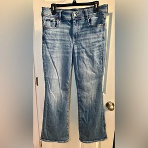 AE American Eagle High Rise Kick Bootcut Jean size 14 short, medium wash